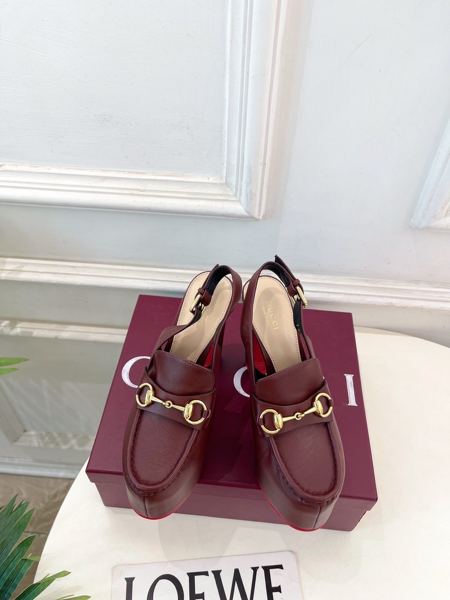 GG Horsebit Platform Loafer Slingback Burgundy Leather 640263