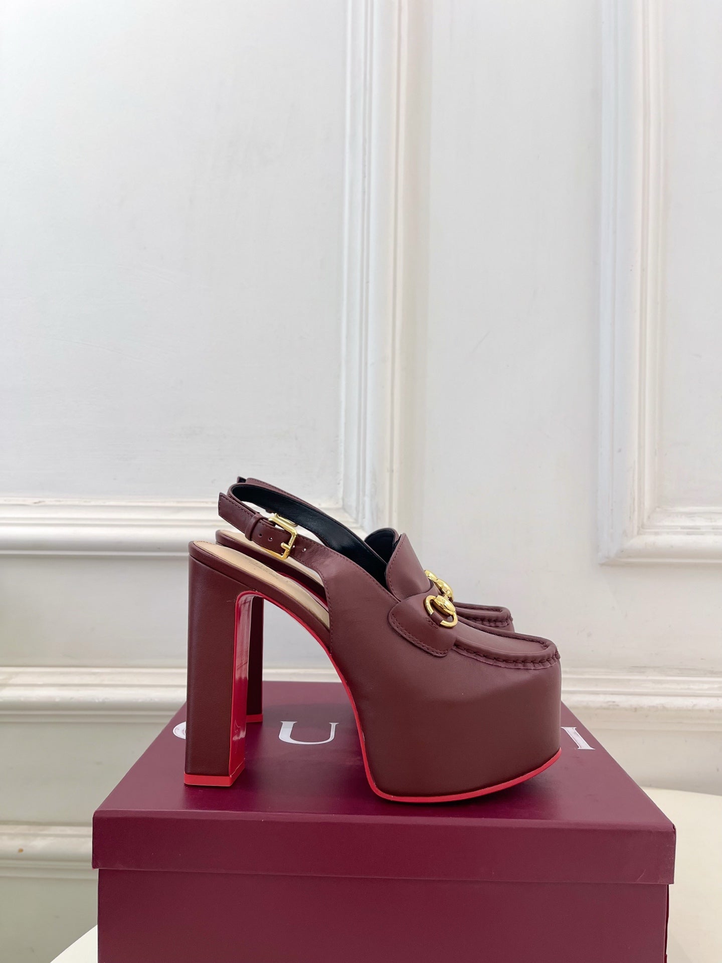 GG Horsebit Platform Loafer Slingback Burgundy Leather 640263