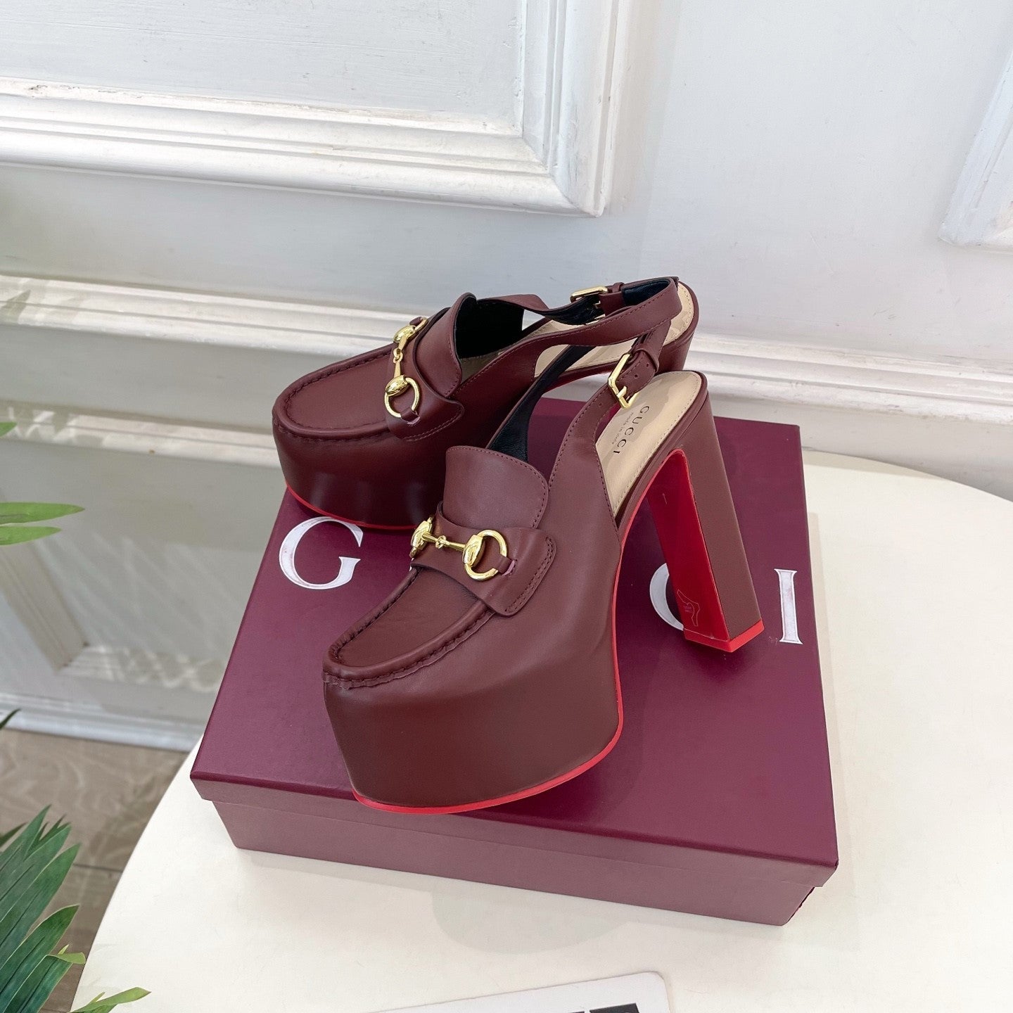 GG Horsebit Platform Loafer Slingback Burgundy Leather 640263