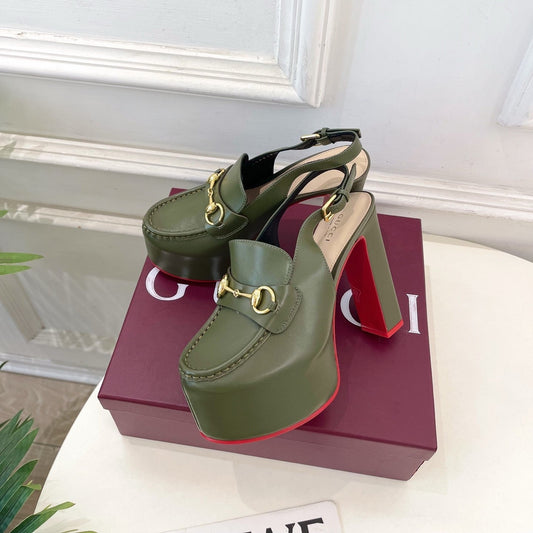 GG Horsebit Platform Loafer Slingback Olive Leather 640265