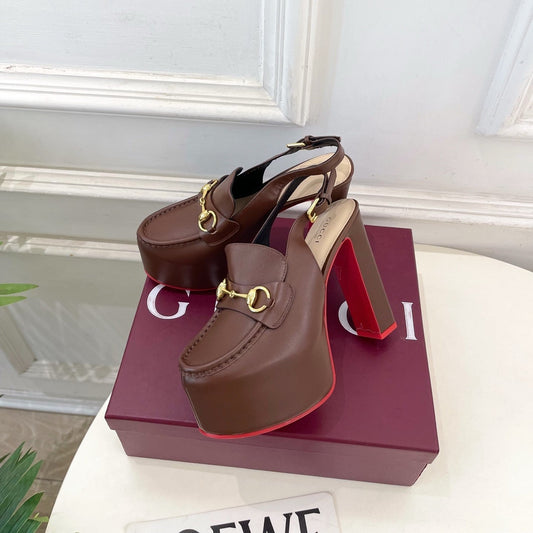 GG Horsebit Platform Loafer Slingback Brown Leather 640264