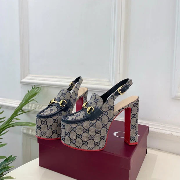 GG 26SS Platform Sandals 130 Gray Blue Monogram Fabric Sheepskin 640266