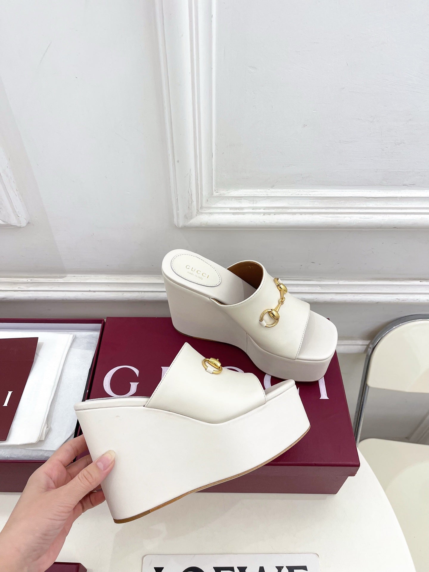 GC Wedge With Horsebit Sandal White Leather 640269