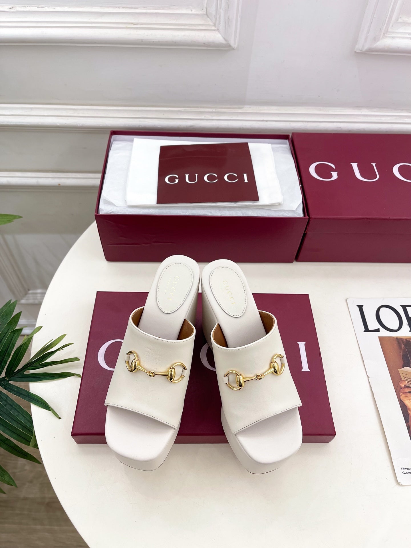 GC Wedge With Horsebit Sandal White Leather 640269