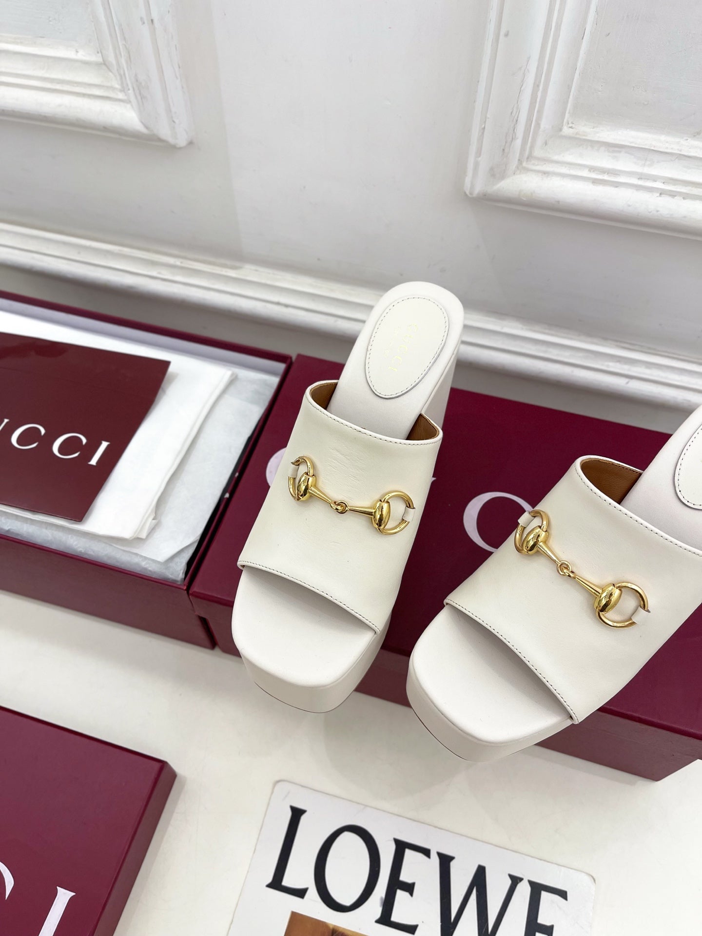 GC Wedge With Horsebit Sandal White Leather 640269