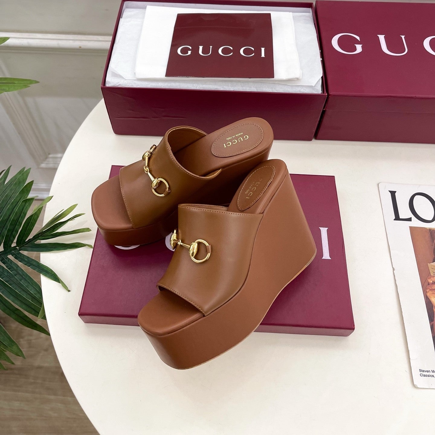 GC Wedge With Horsebit Sandal Brown Leather 640271