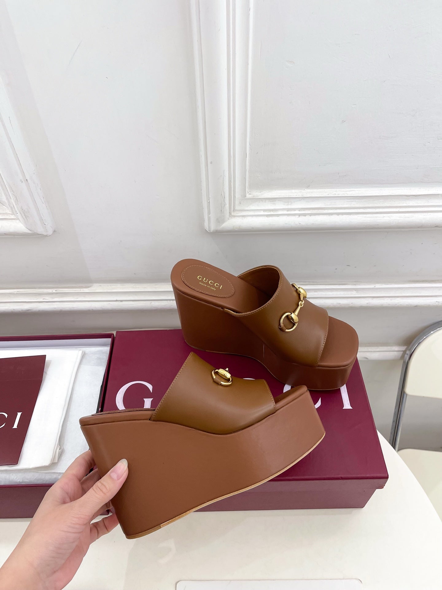 GC Wedge With Horsebit Sandal Brown Leather 640271