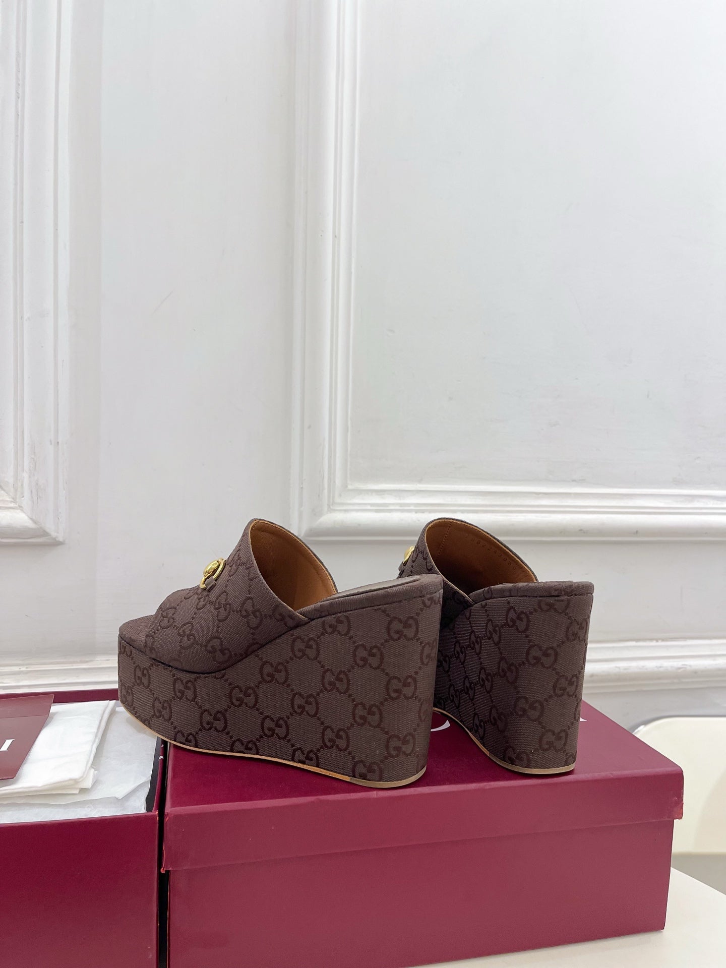 GC Wedge With Horsebit Sandal Dark Brown Canvas 640274