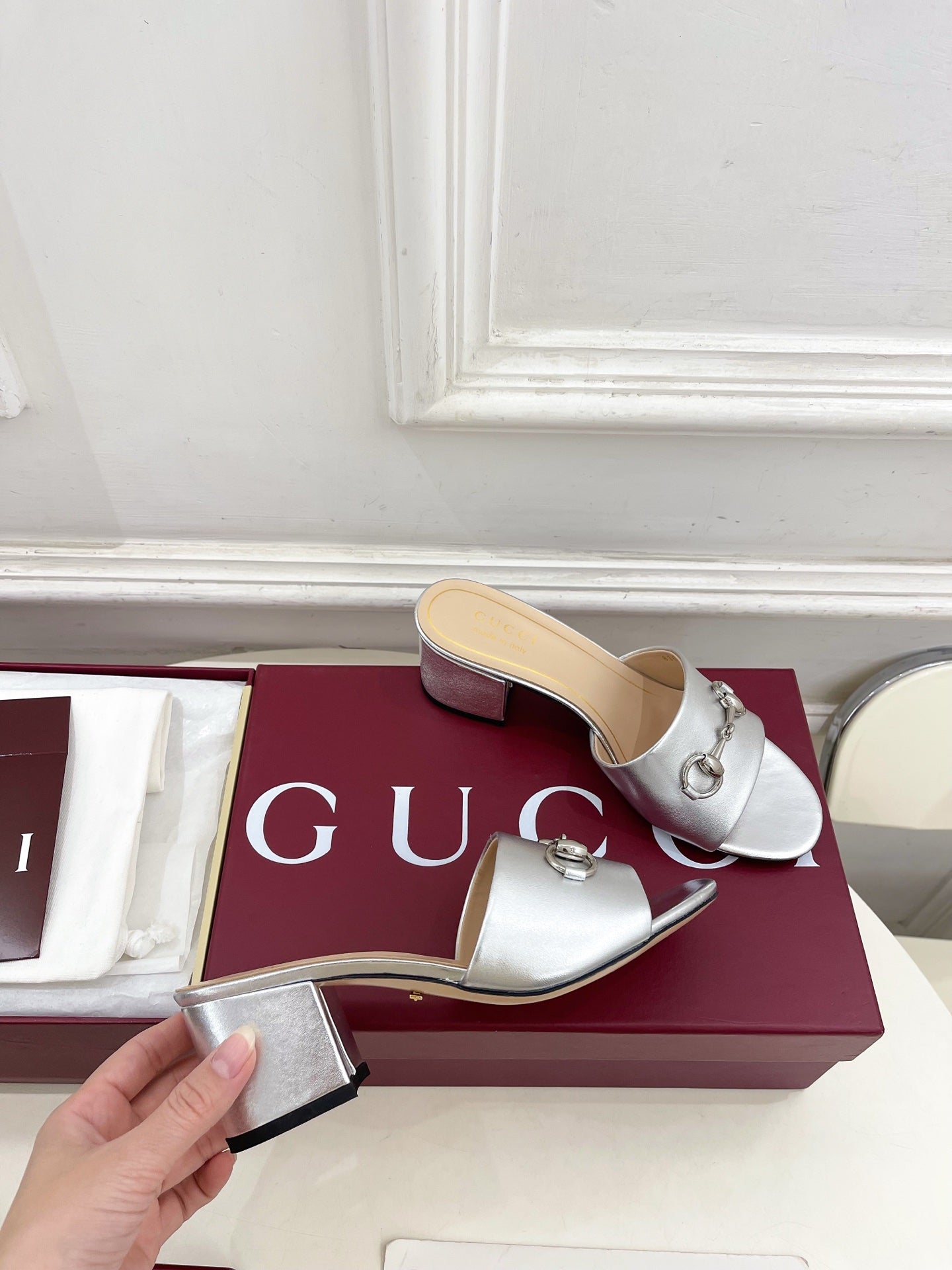 GG 26s Slide Sandal 5.5cm With Horsebit Sliver Leather 640296