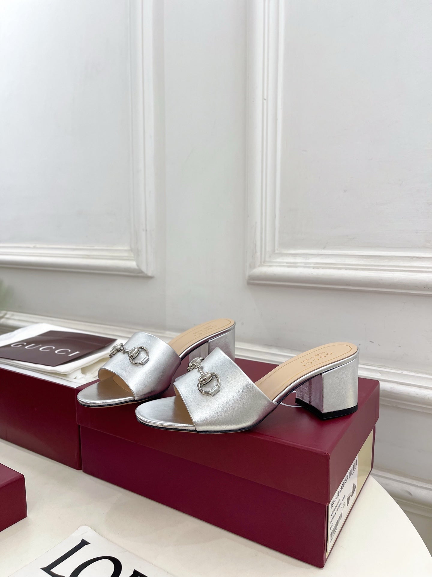 GG 26s Slide Sandal 5.5cm With Horsebit Sliver Leather 640296