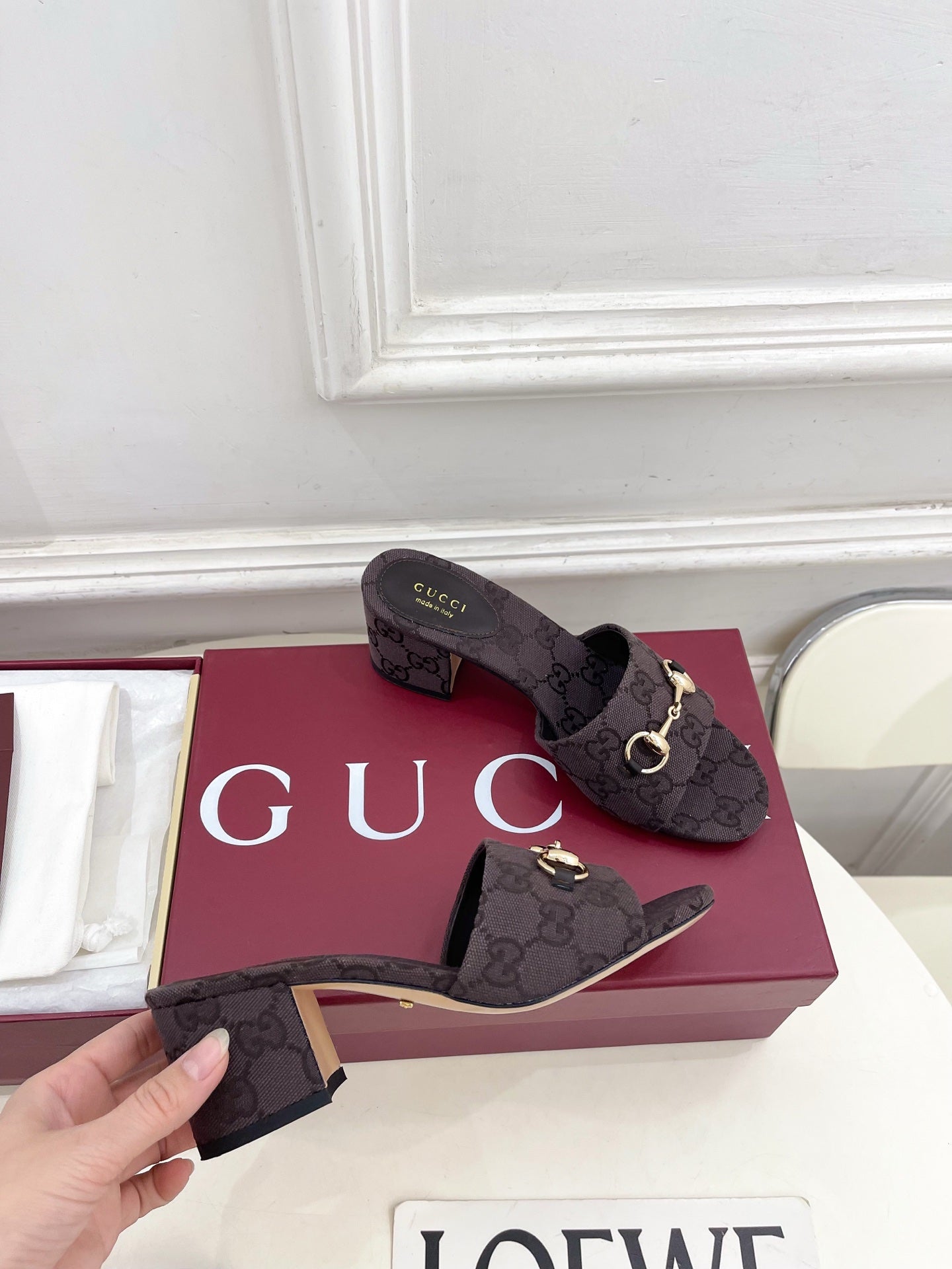 GG 26s Slide Sandal 5.5cm With Horsebit Dark Brown Canvas 640297