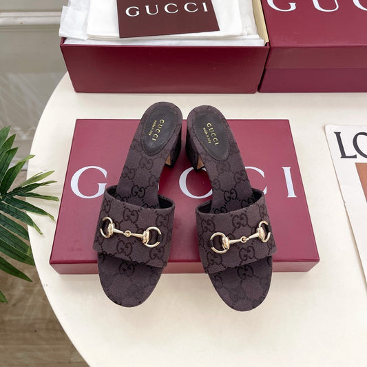 GG 26s Slide Sandal 5.5cm With Horsebit Dark Brown Canvas 640297