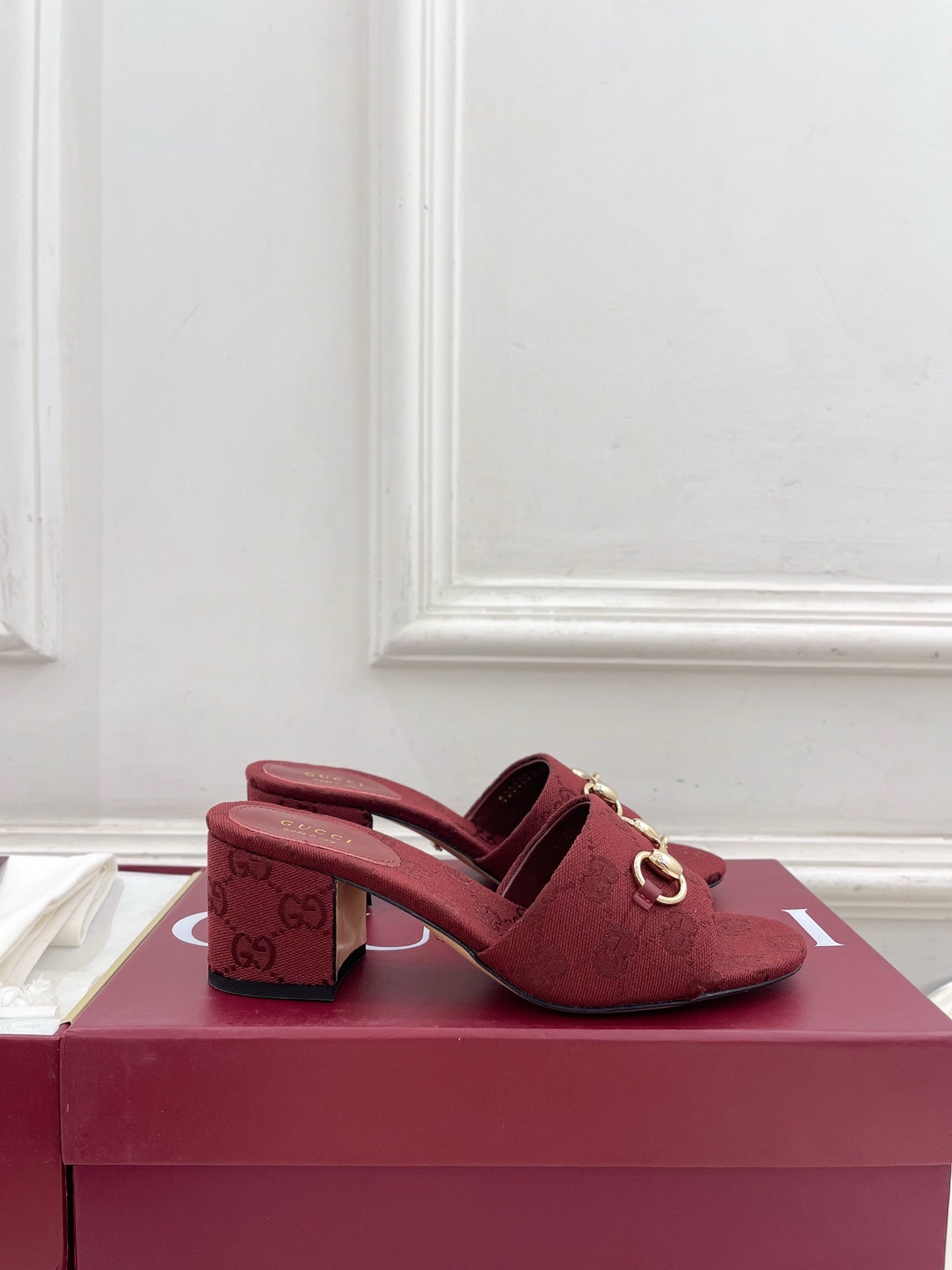 GG 26s Slide Sandal 5.5cm With Horsebit Burgundy Canvas 640298