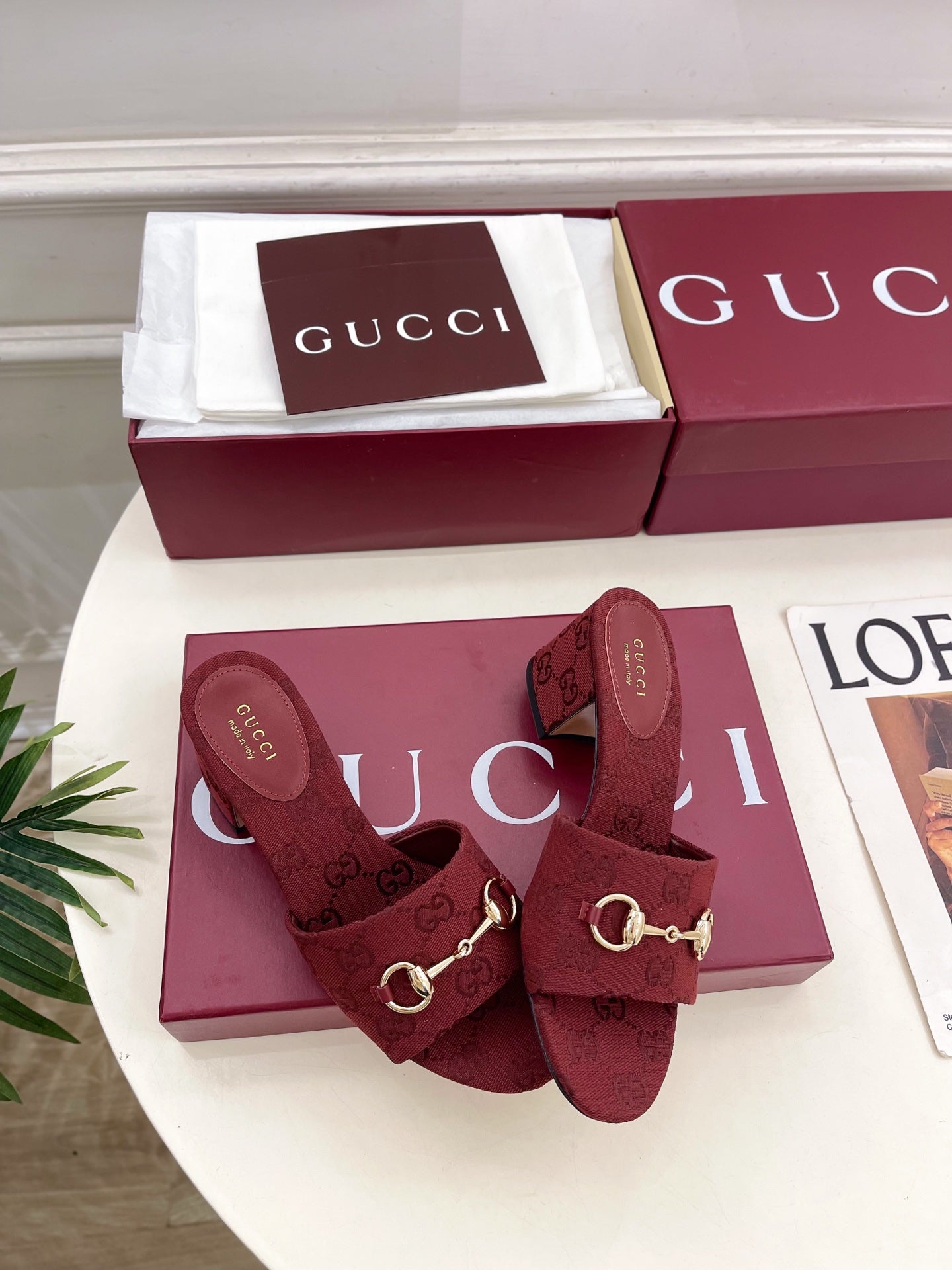 GG 26s Slide Sandal 5.5cm With Horsebit Burgundy Canvas 640298