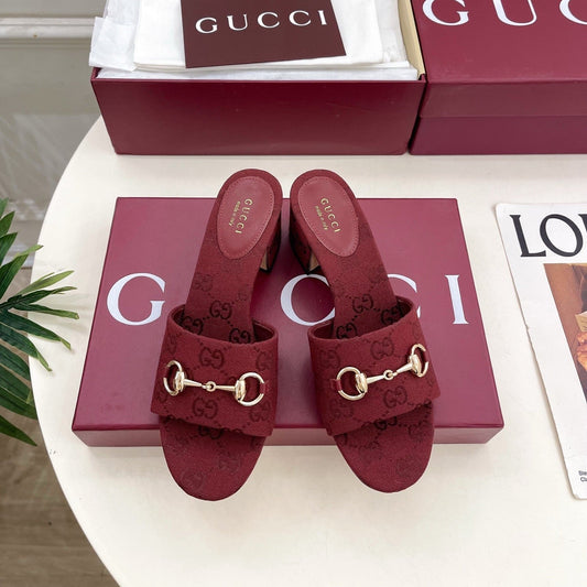 GG 26s Slide Sandal 5.5cm With Horsebit Burgundy Canvas 640298