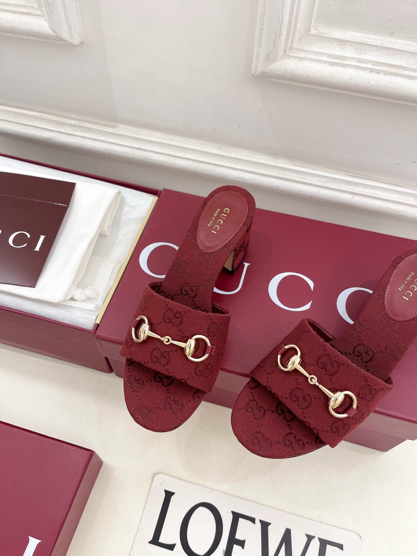GG 26s Slide Sandal 5.5cm With Horsebit Burgundy Canvas 640298
