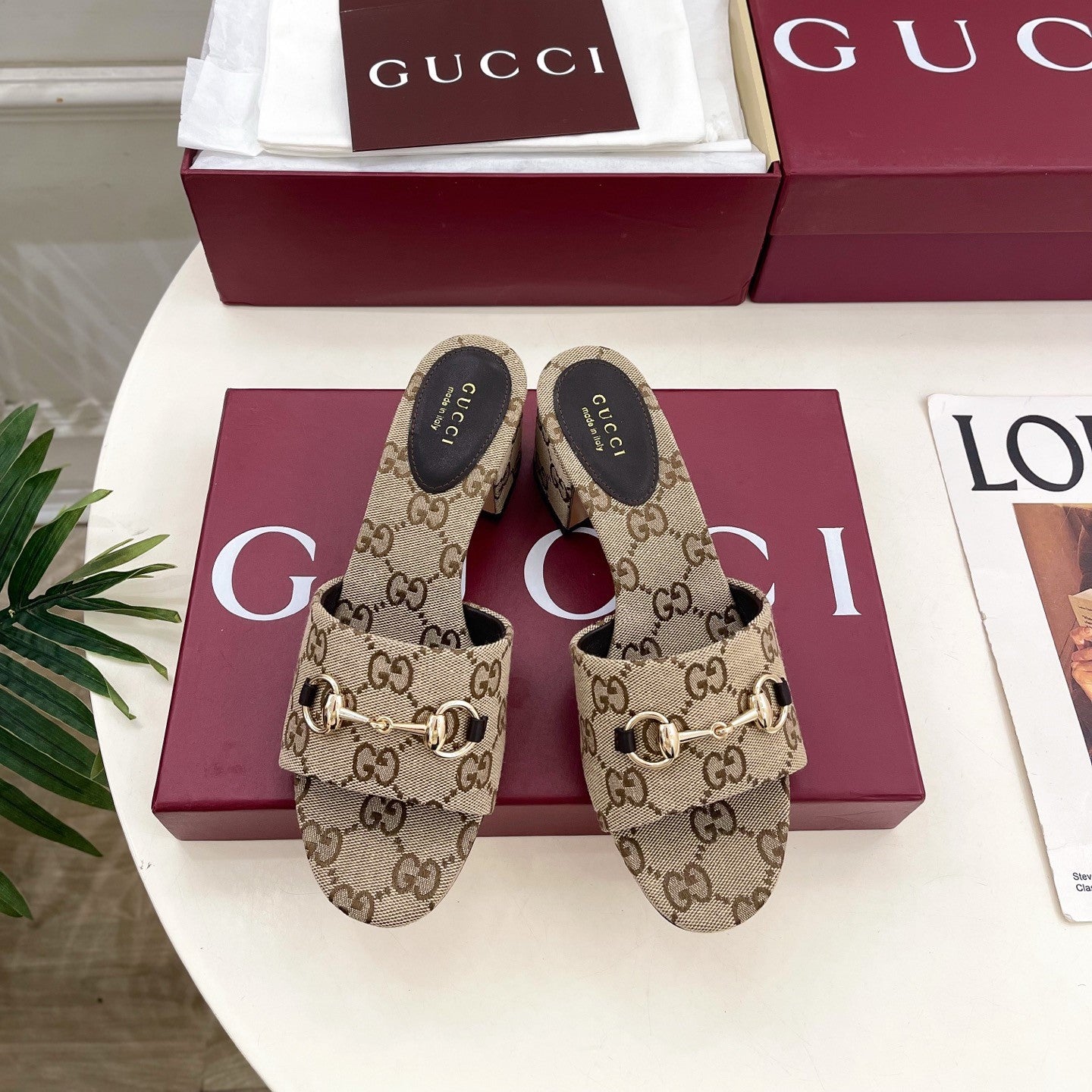 GG 26s Slide Sandal 5.5cm With Horsebit Brown Beige Canvas 640299
