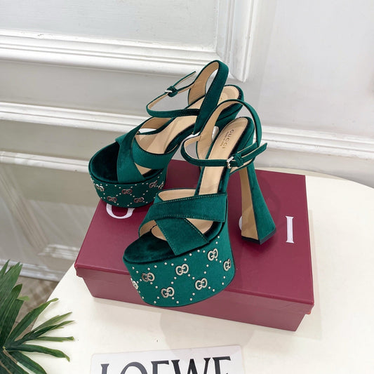 GG Janaya Platform Sandals 15.5cm Teal Green Suede 891840