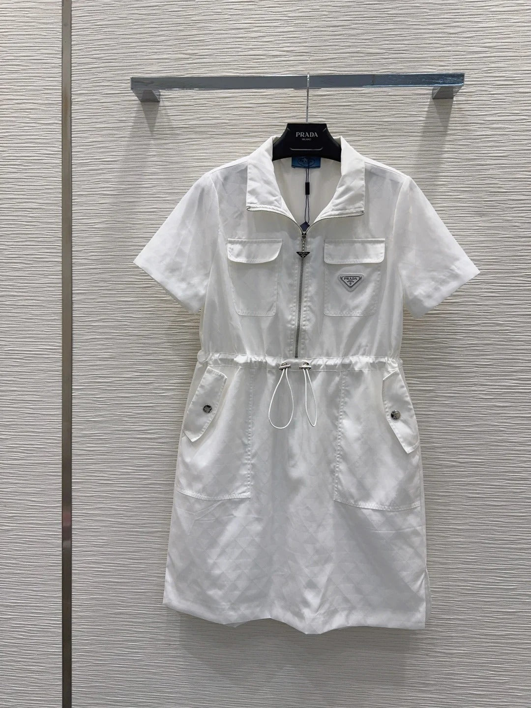 Prada 2026 Zippered Collar Shirt Dress White and Black Nylon 133135