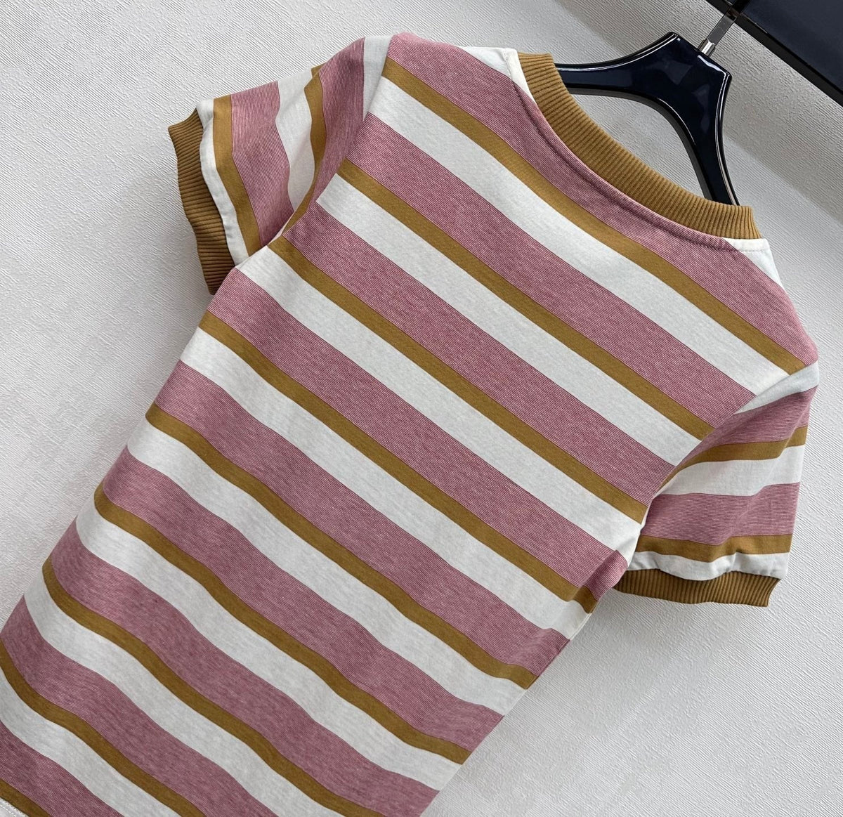 Prada 2026 Bayadere Stripe Short-Sleeve T-Shirt Pink Brown White Cotton