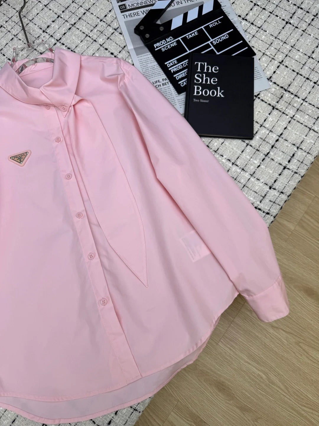 Prada 2026 Triangle Logo Tie-up Top White and Pink Cotton 132431