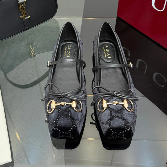 Gucci 2026 Crystal Rhinestone Ballet Flat Black Velvet Leather 629715