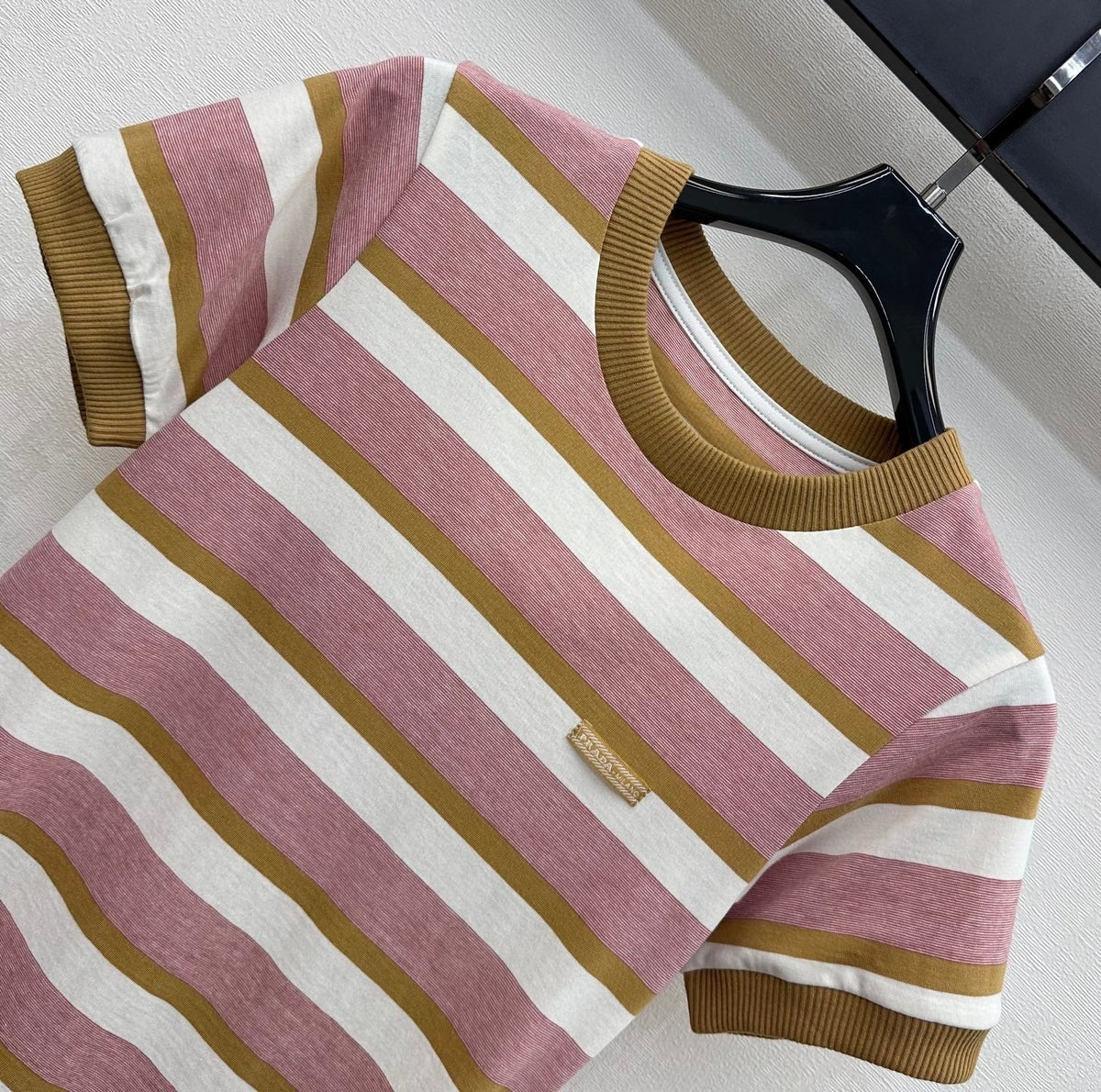Prada 2026 Bayadere Stripe Short-Sleeve T-Shirt Pink Brown White Cotton