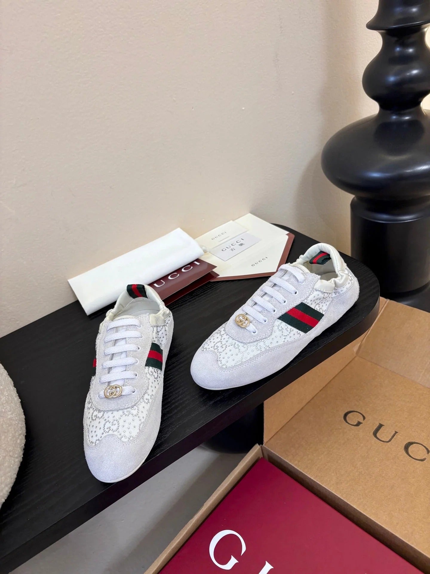 GG 26 Casual Sneakers White Light Gray Cowhide Suede Rhinestones 627231
