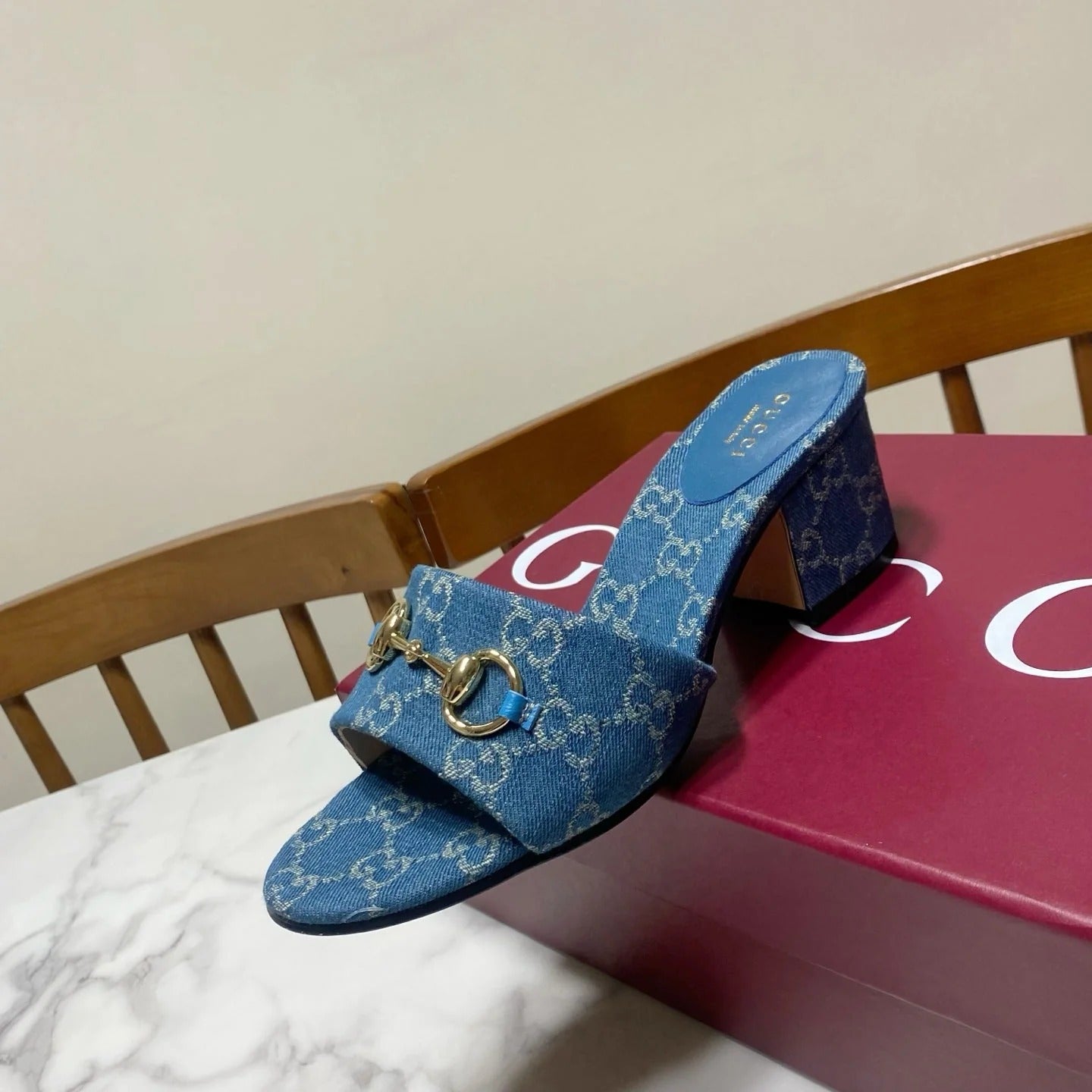 GG 26SS Chunky Heeled Sandals 65 Blue Denim Leather 640624