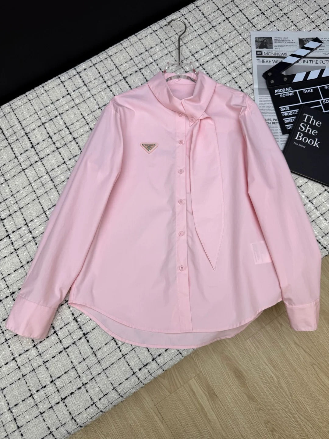 Prada 2026 Triangle Logo Tie-up Top White and Pink Cotton 132431