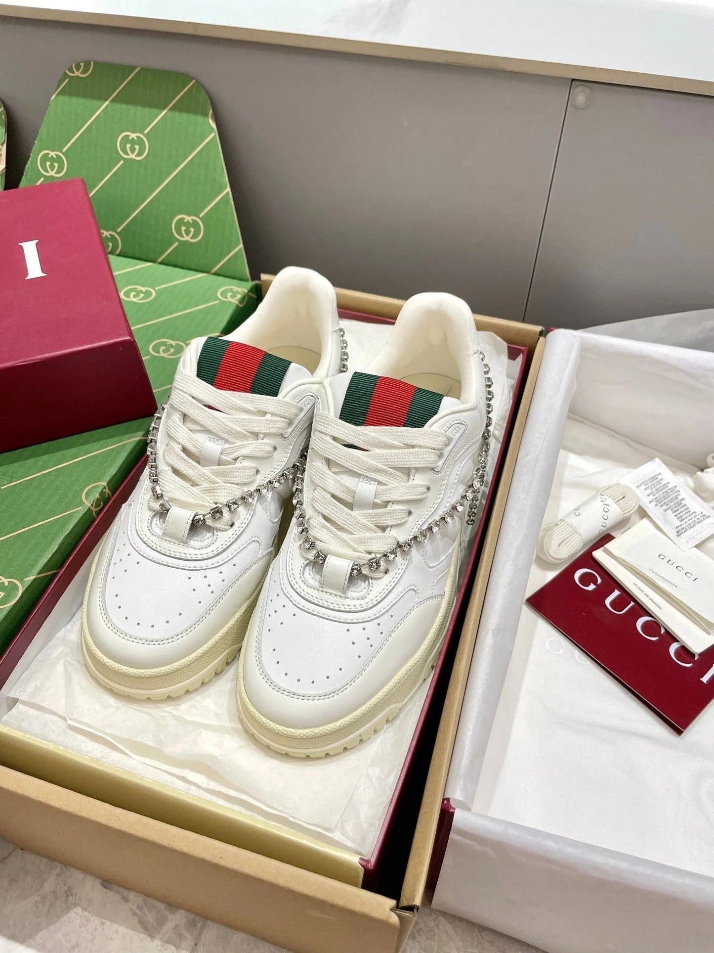 GG 26 Sneaker White Cowhide Chain With Rhinestones 632873