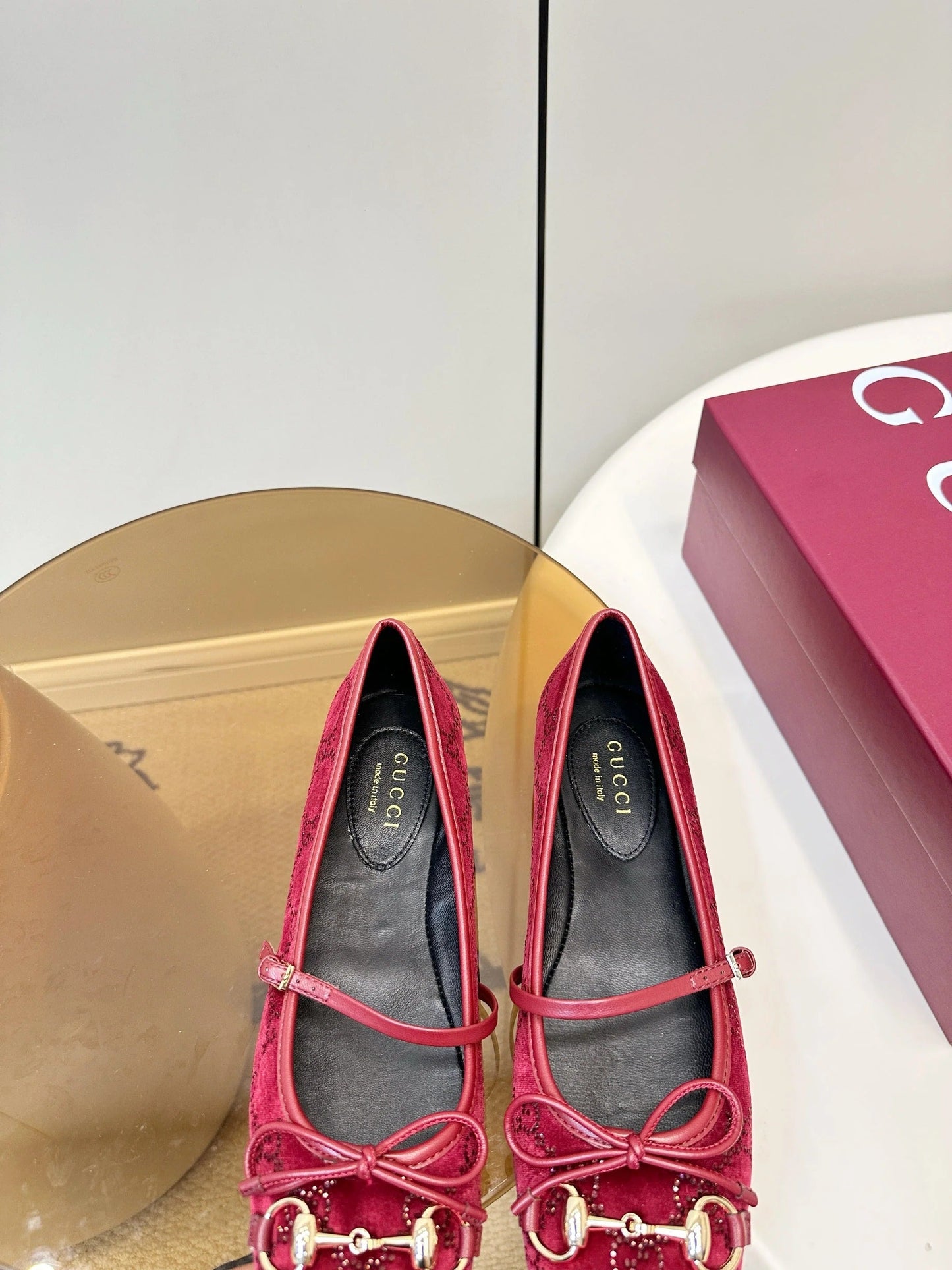 GG 26SS Ballet Flats Rhinestone Burgundy Velvet Sheepskin 645701