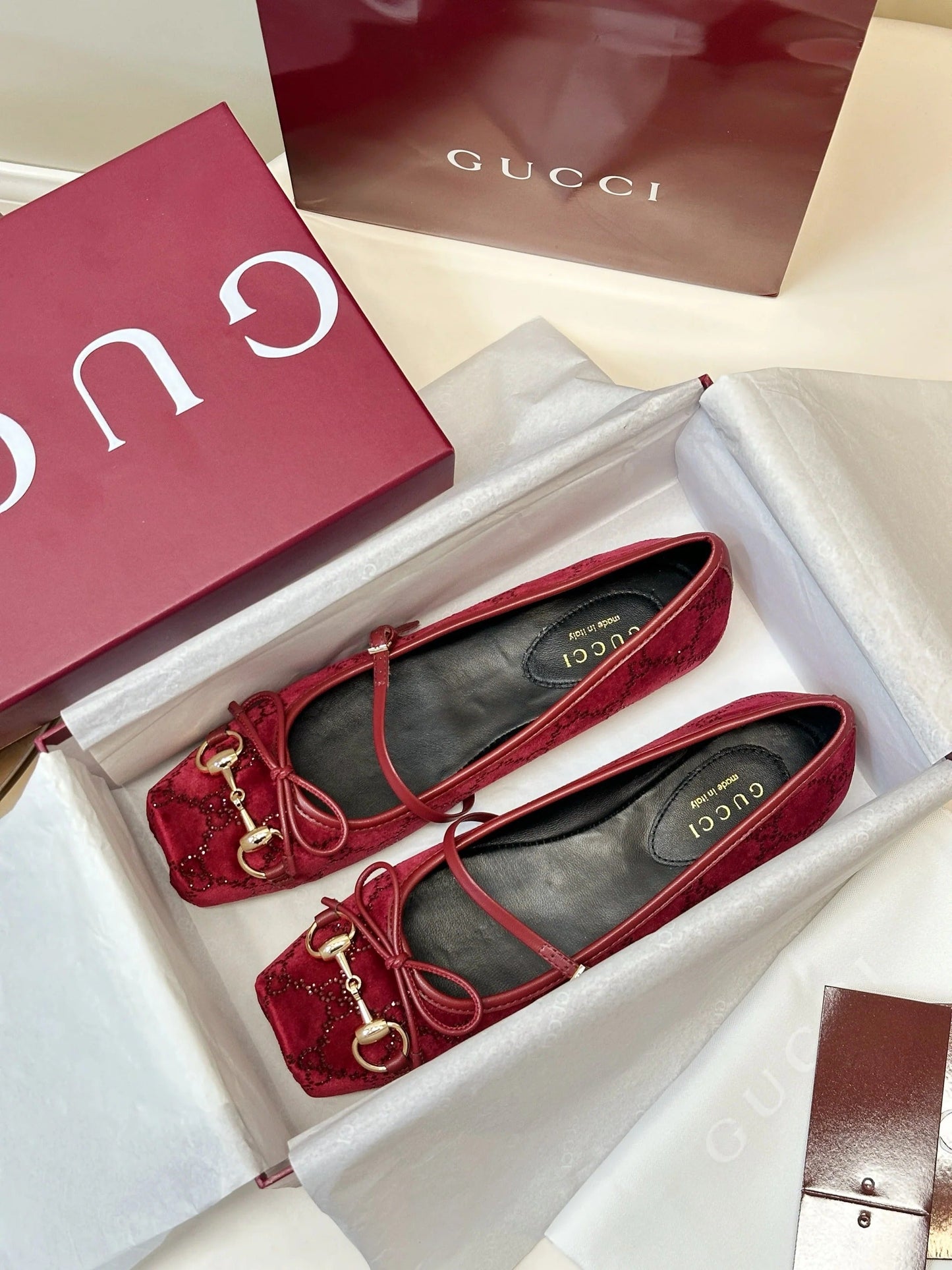 GG 26SS Ballet Flats Rhinestone Burgundy Velvet Sheepskin 645701