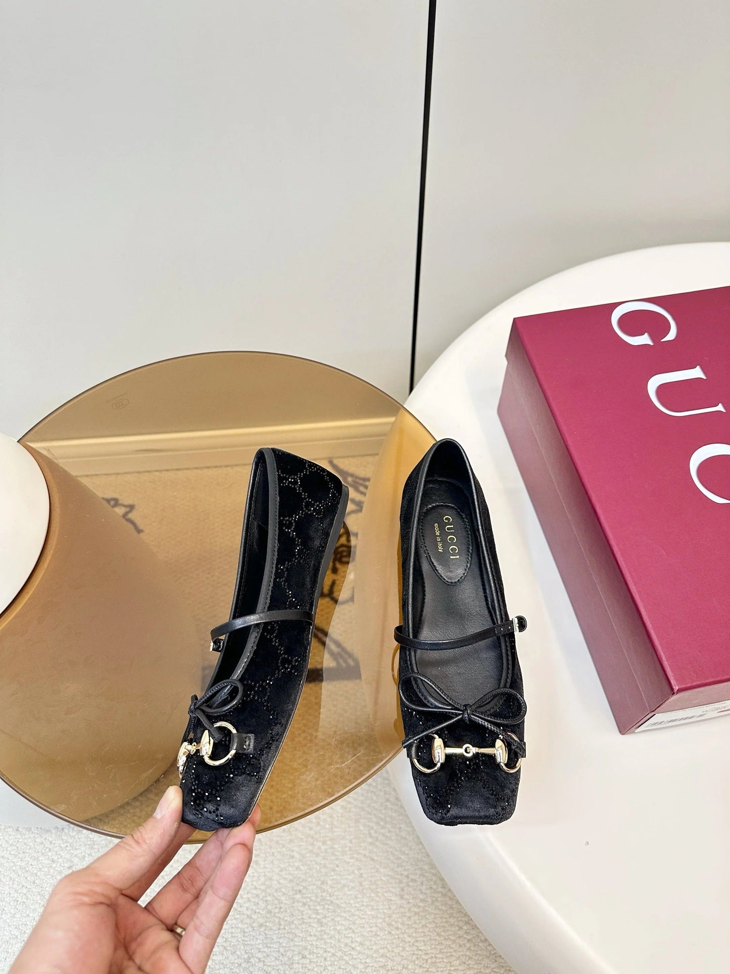GG 26SS Ballet Flats Rhinestone Black Velvet Sheepskin 645700