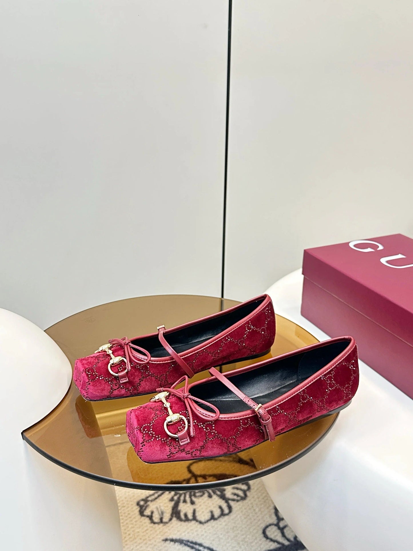 GG 26SS Ballet Flats Rhinestone Burgundy Velvet Sheepskin 645701