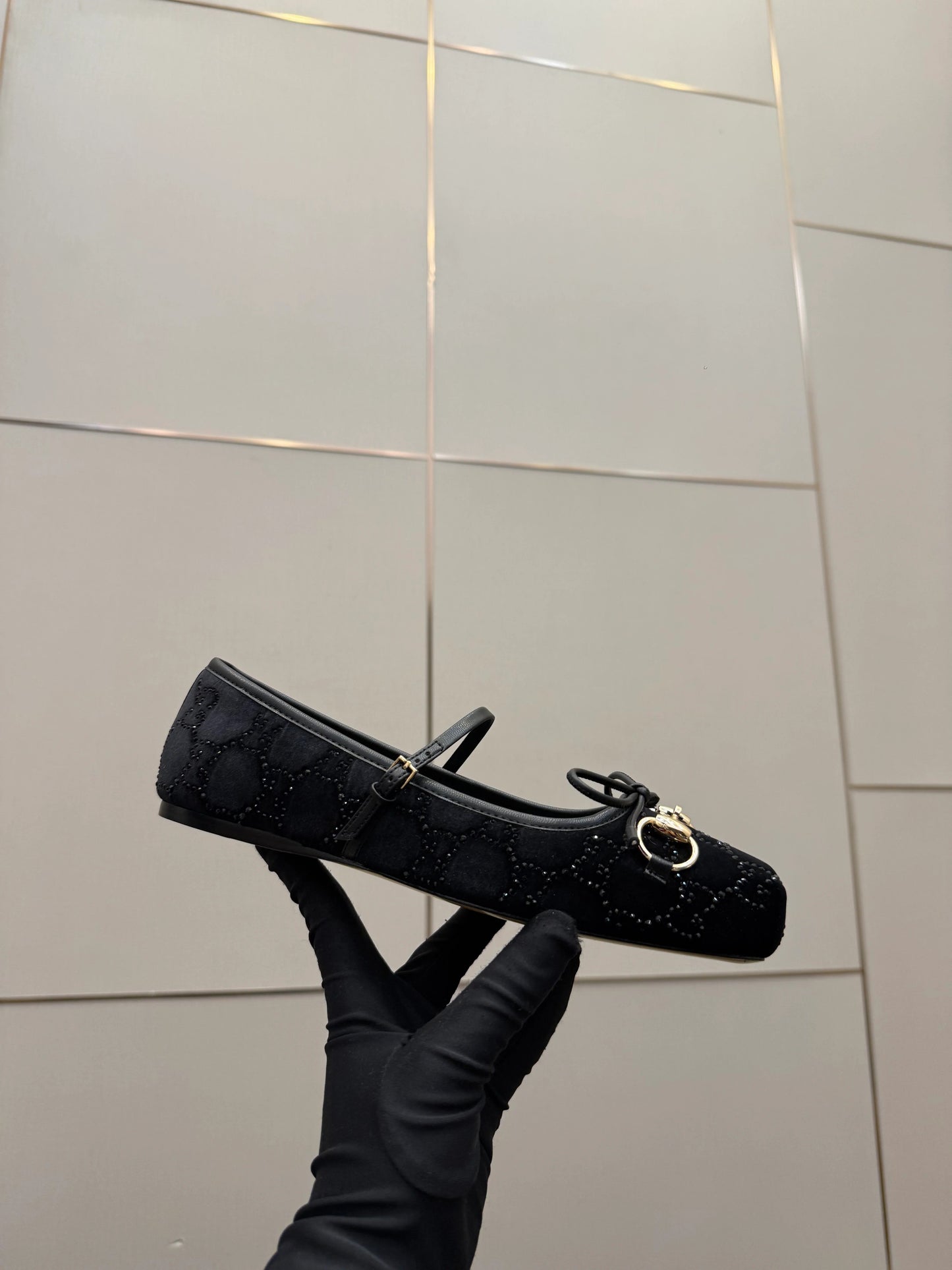 Gucci 2026 Crystal Rhinestone Ballet Flat Black Velvet Leather 629715