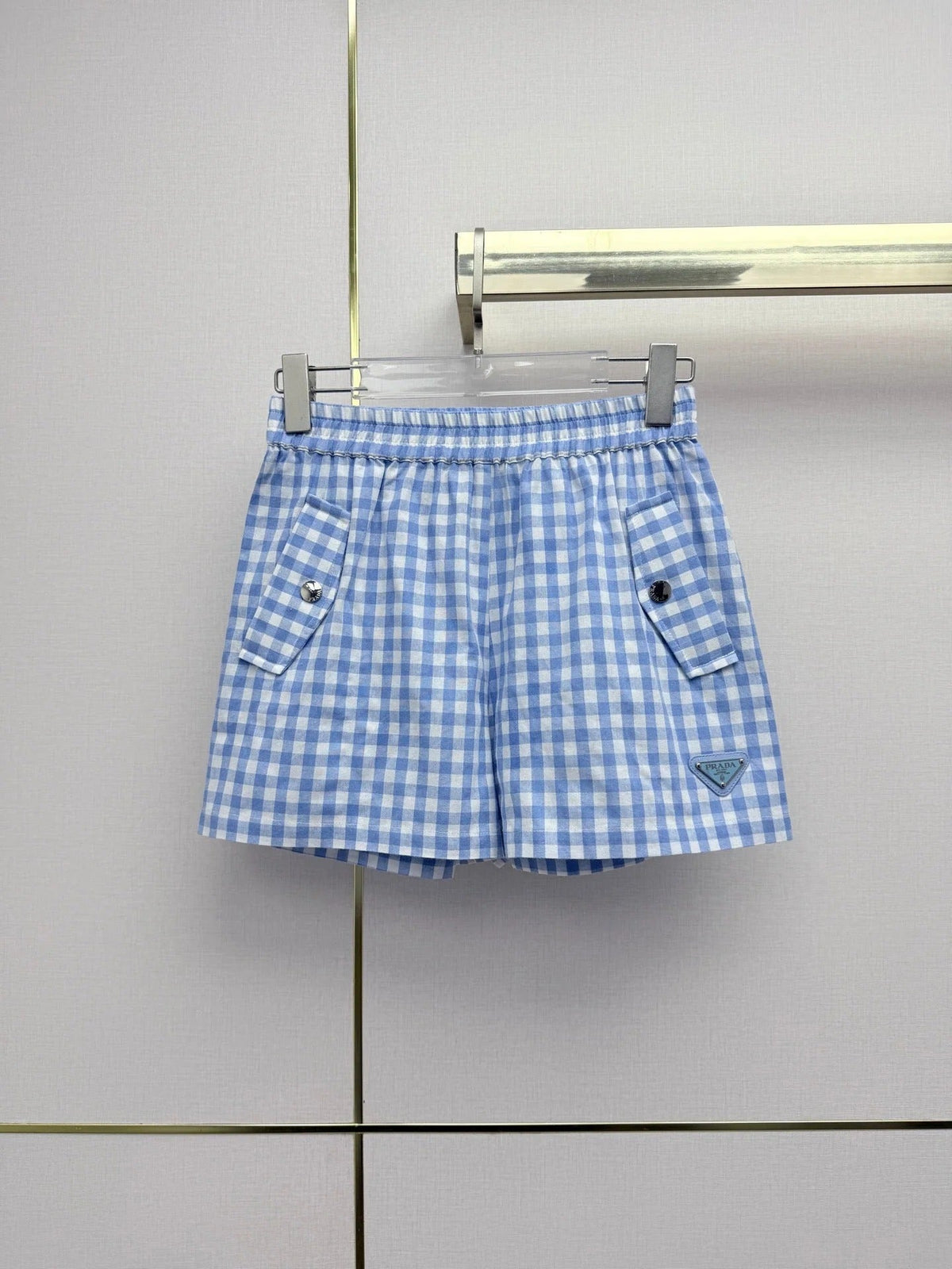 Prada 2026 Plaid Top With Short Blue White Cotton 393519