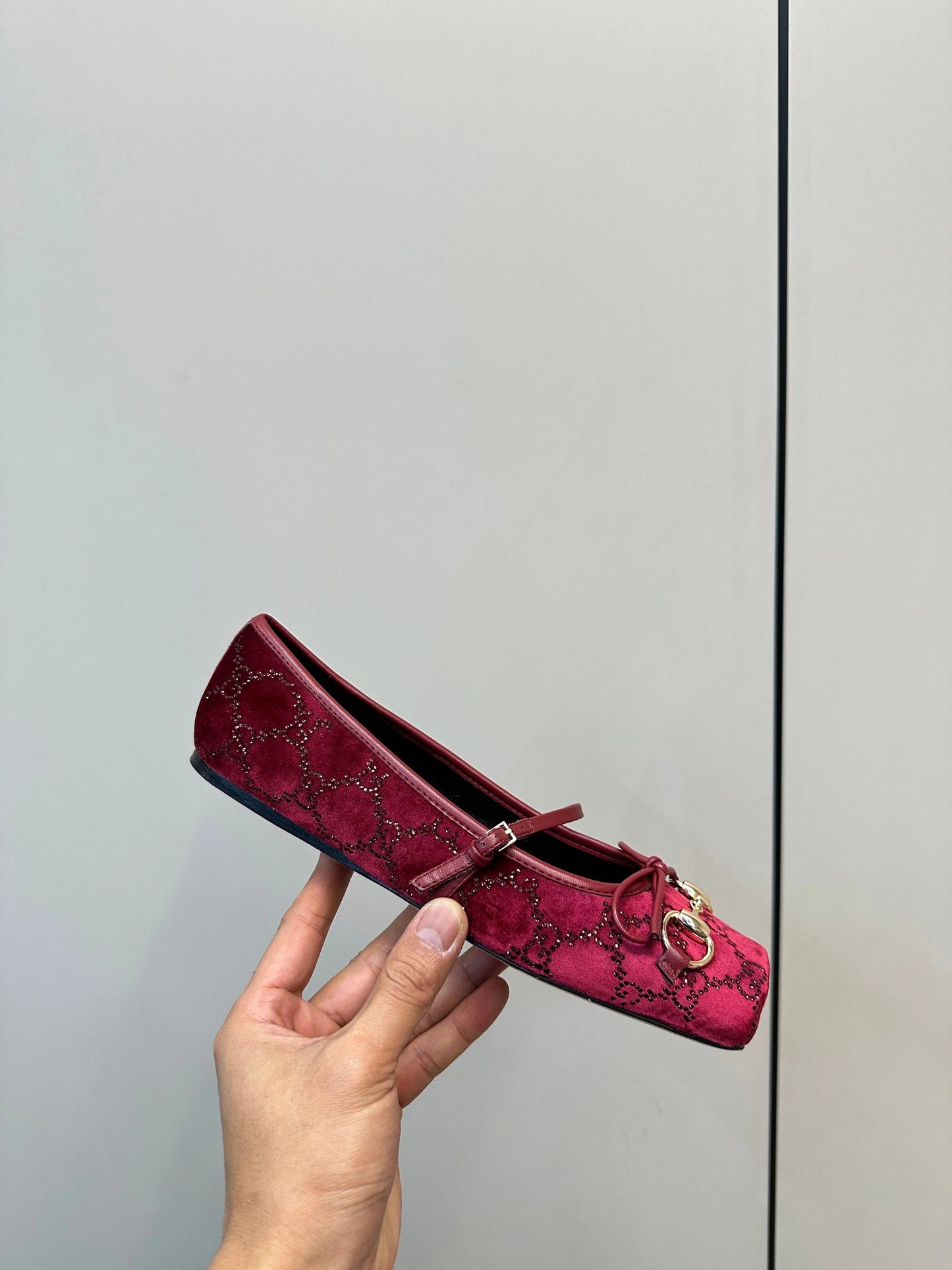 GG 26SS Ballet Flats Rhinestone Burgundy Velvet Sheepskin 645701