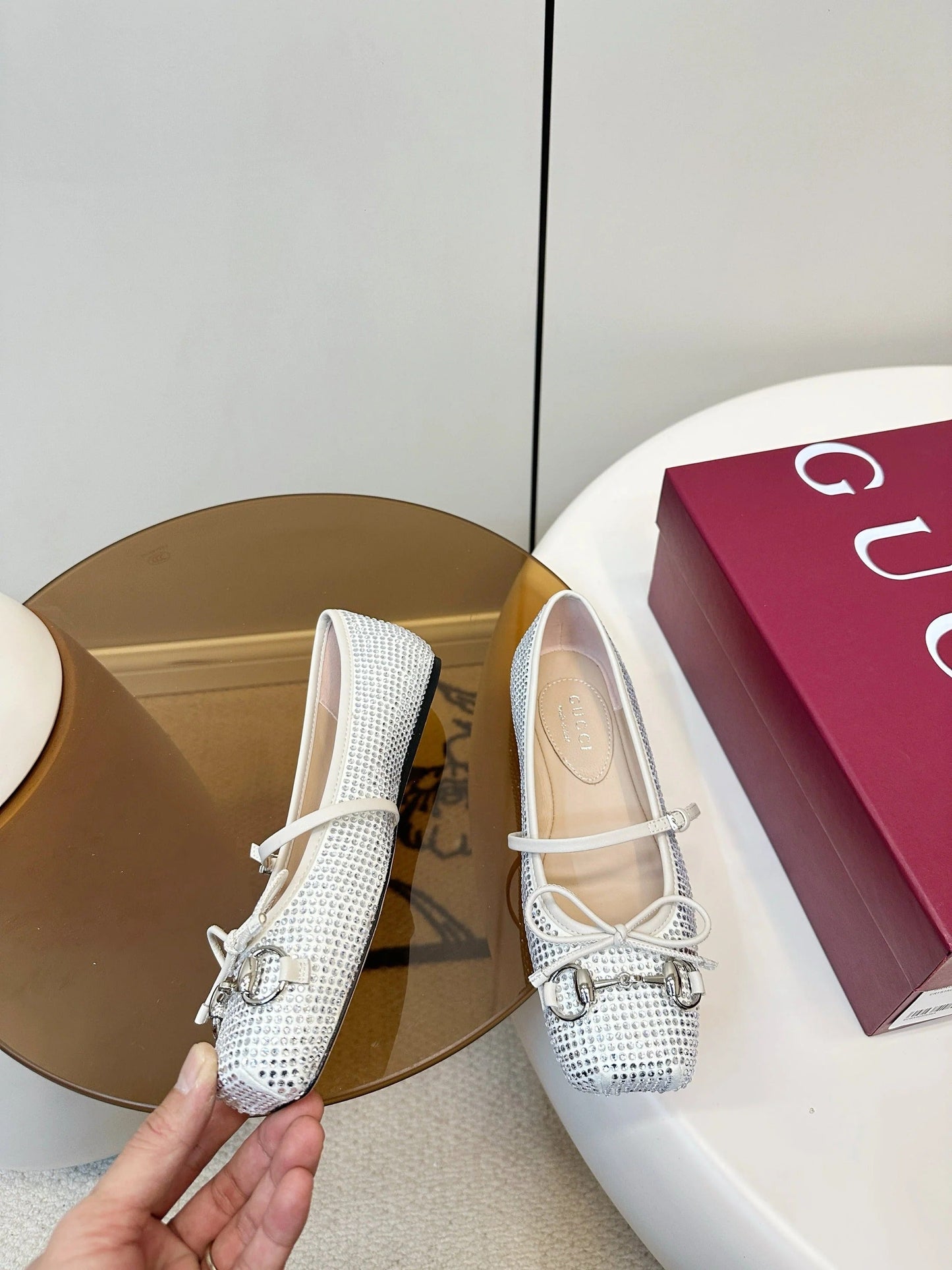 GG 26SS Ballet Flats Rhinestone White Satin Sheepskin 645705