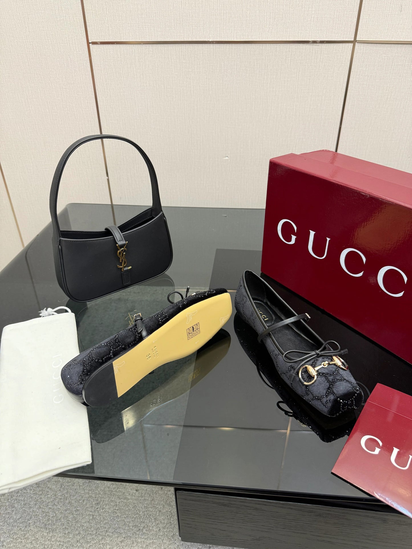 Gucci 2026 Crystal Rhinestone Ballet Flat Black Velvet Leather 629715