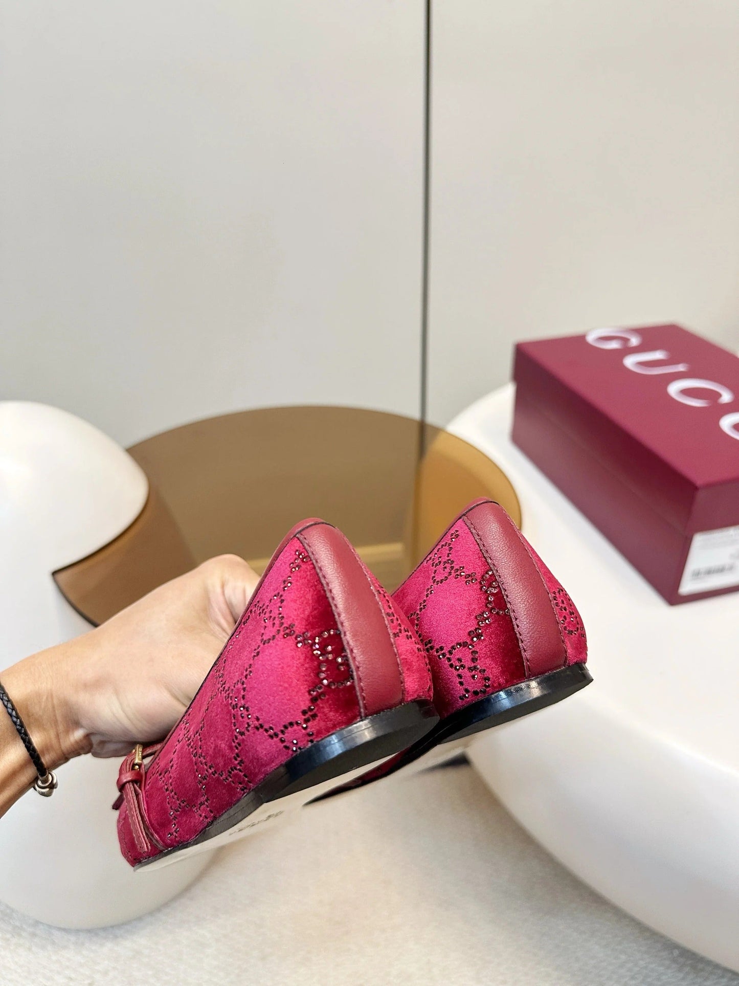 GG 26SS Ballet Flats Rhinestone Burgundy Velvet Sheepskin 645701