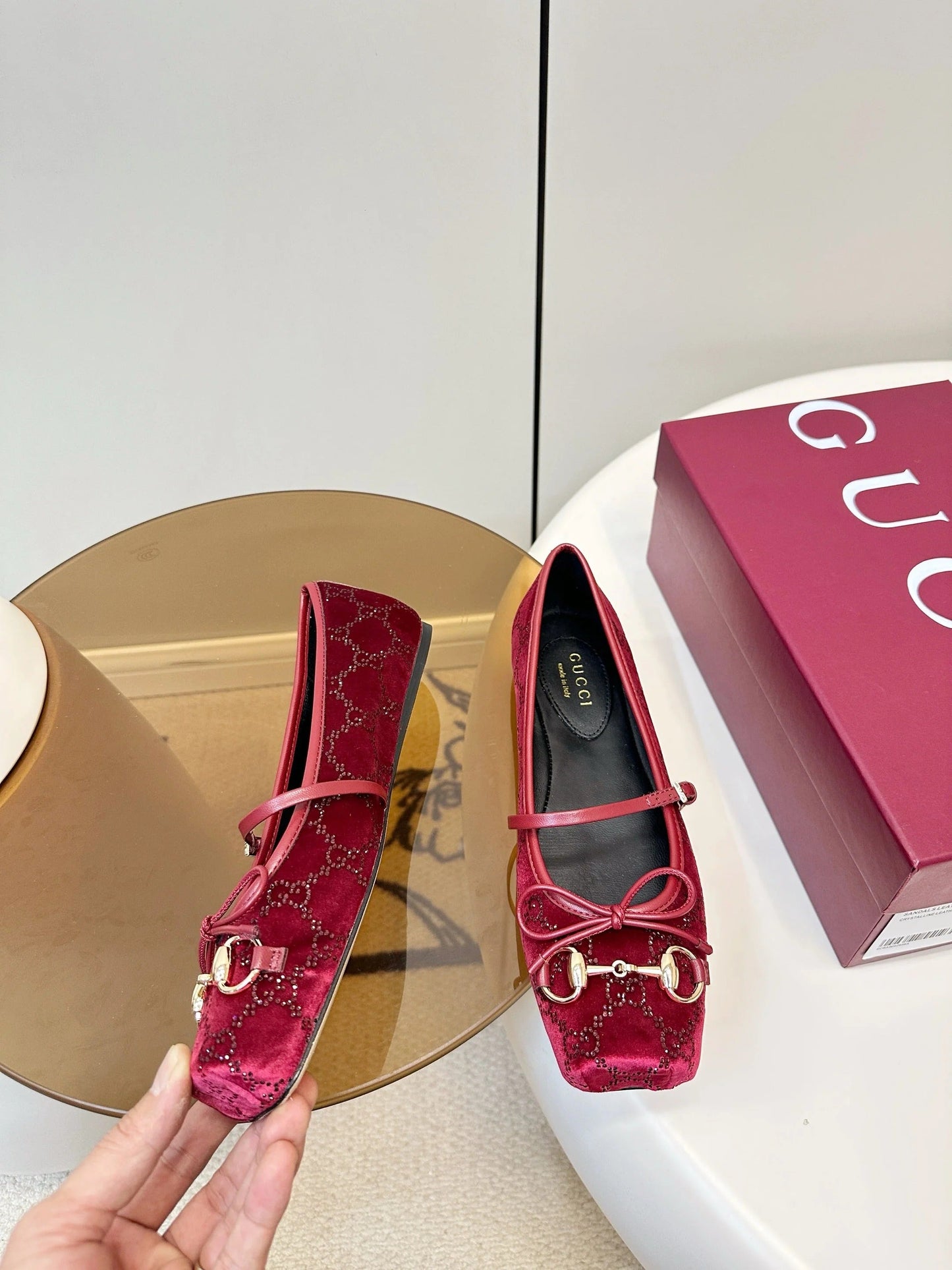 GG 26SS Ballet Flats Rhinestone Burgundy Velvet Sheepskin 645701