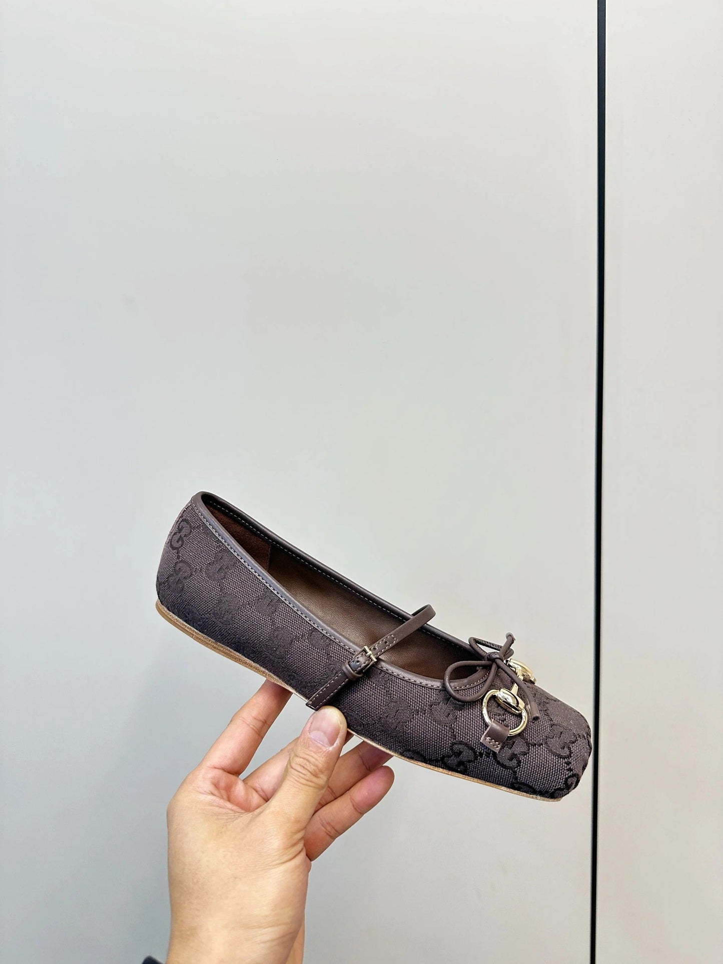GG 26SS Ballet Flats Dark Brown Monogram Fabric Sheepskin 645711