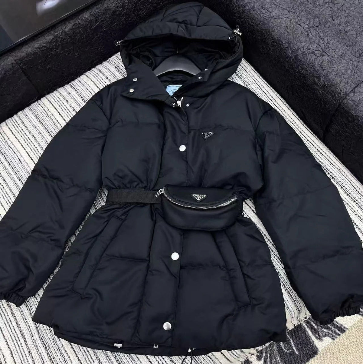 Prada 2025 Belted Jacket Black Down Re-Nylon