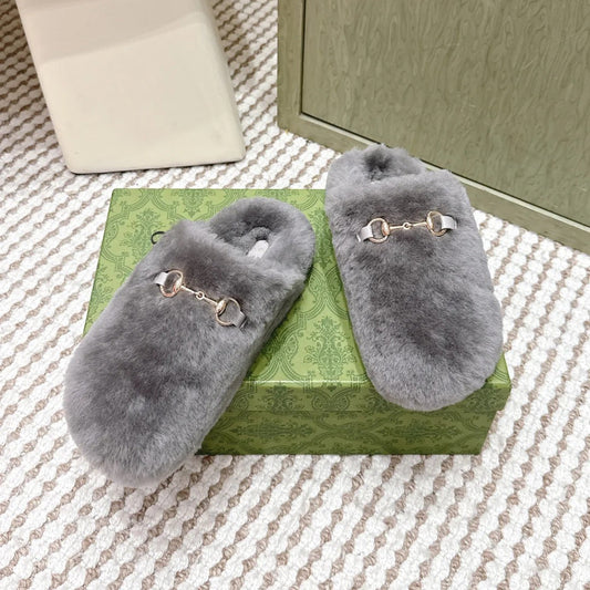 GG 26ss Loafers Rhinestones Gray Wool 612028