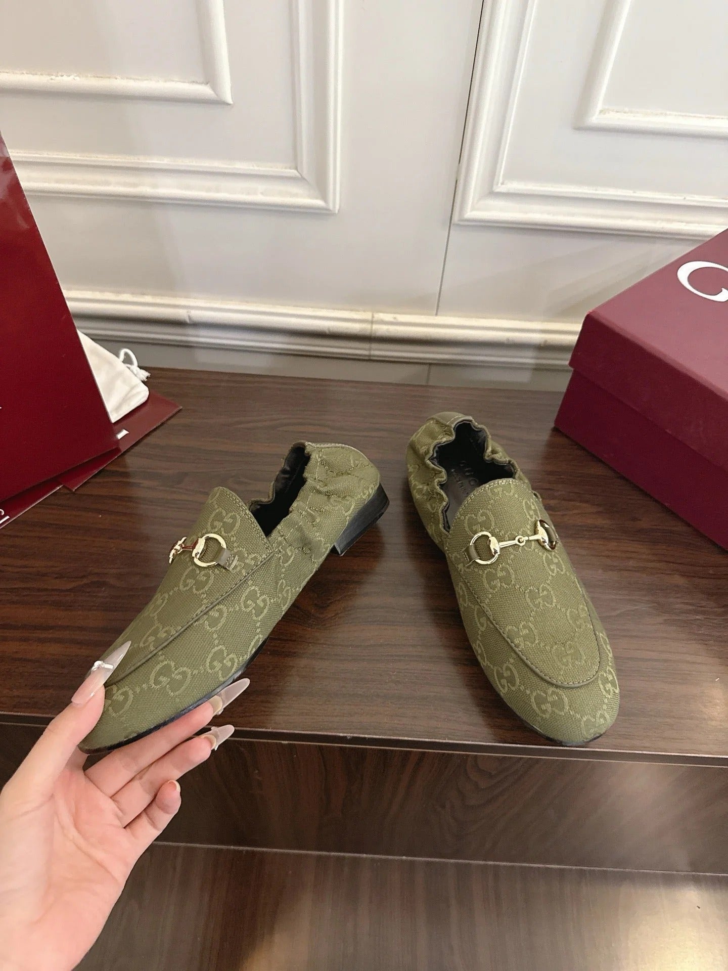 GG 26SS Loafers Olive Green Monogram Canvas Leather 645956