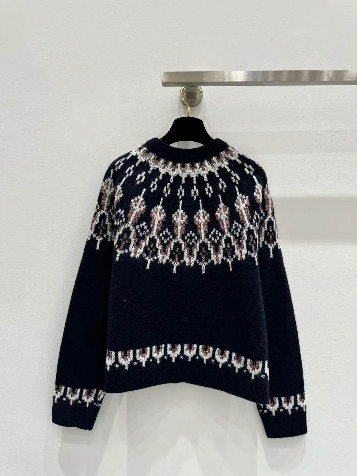 Loewe 2025 Sequin-embellished Fair Isle Wool-blend Navy Blue Sweater