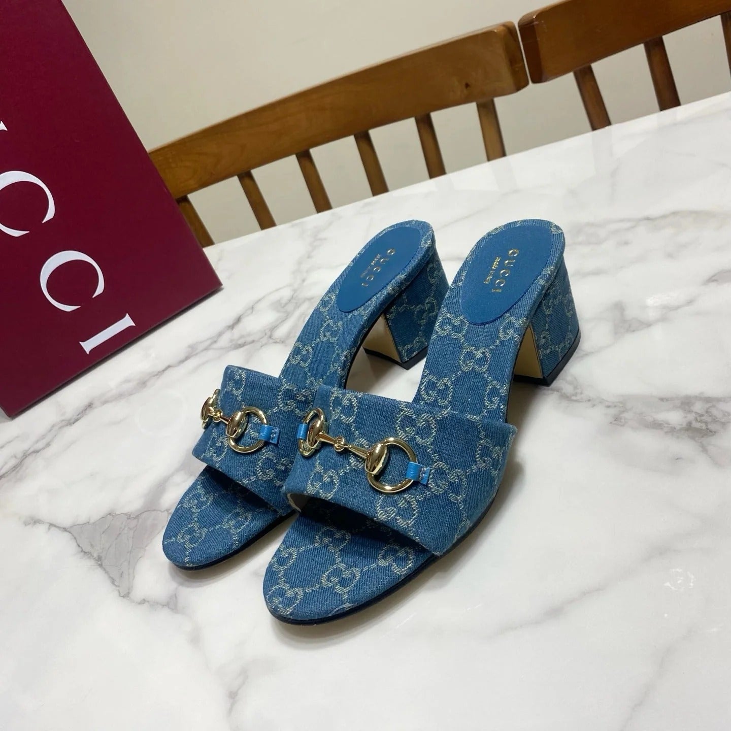 GG 26SS Chunky Heeled Sandals 65 Blue Denim Leather 640624