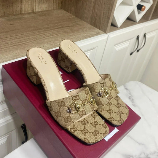 GG 26SS Chunky Heeled Sandals 65 Beige White Canvas Leather 640621