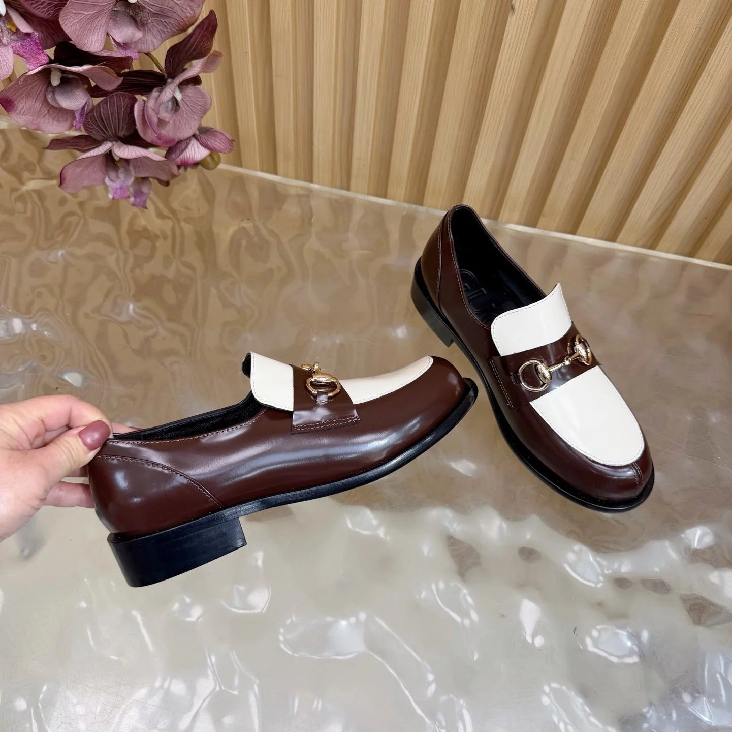 GG 26 Horsebit Loafers Brown White Sheepskin 589465